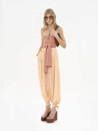 Cropped front-tie tank top in shiny viscose knit