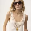 Fitted tank top in cotton jersey & guipure