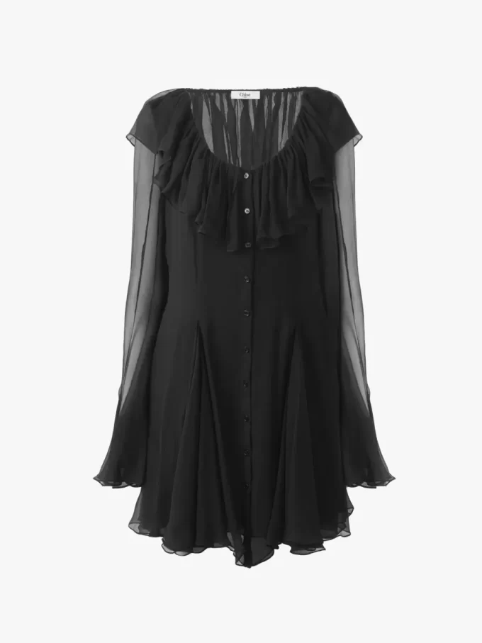 Flared mini dress in silk mousseline