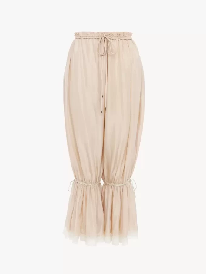 Fluid cropped pants in washed silk pongé & lace