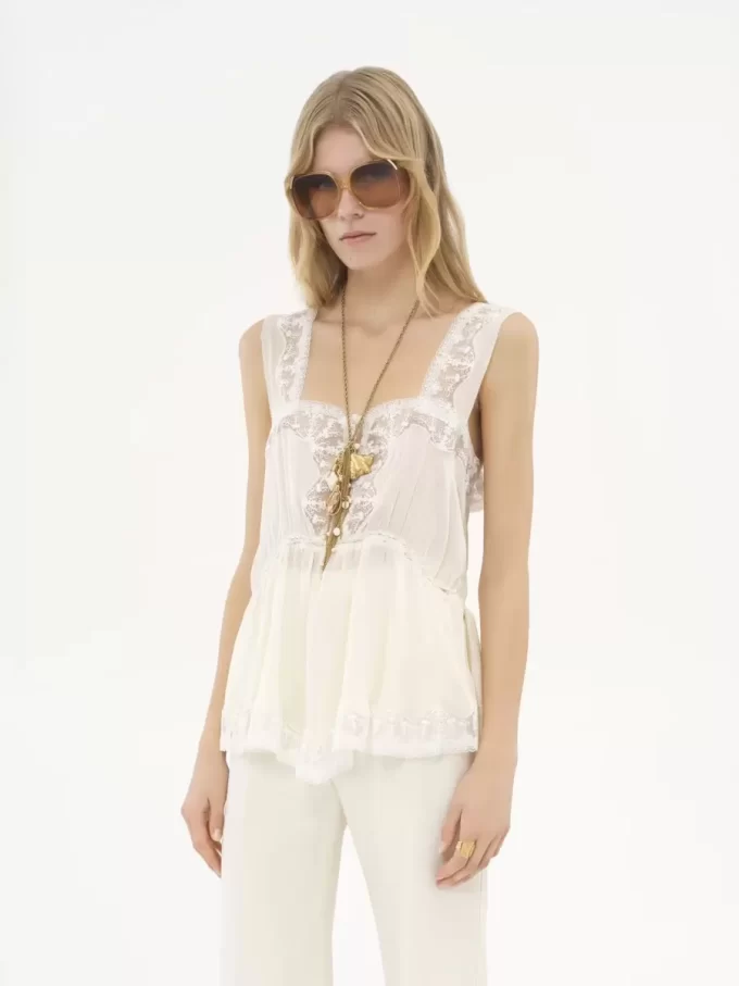 Fluid tank top in silk charmeuse & lace