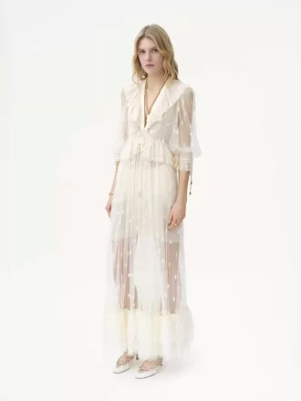 Gathered V-neck long dress in embroidered lace