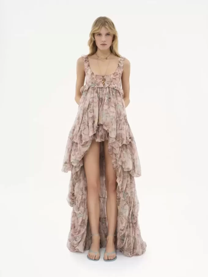 High-low ruffled dress in silk mousseline