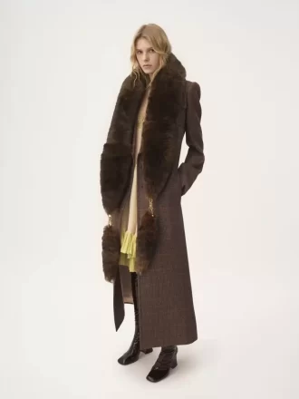 Long double-breasted coat in check wool