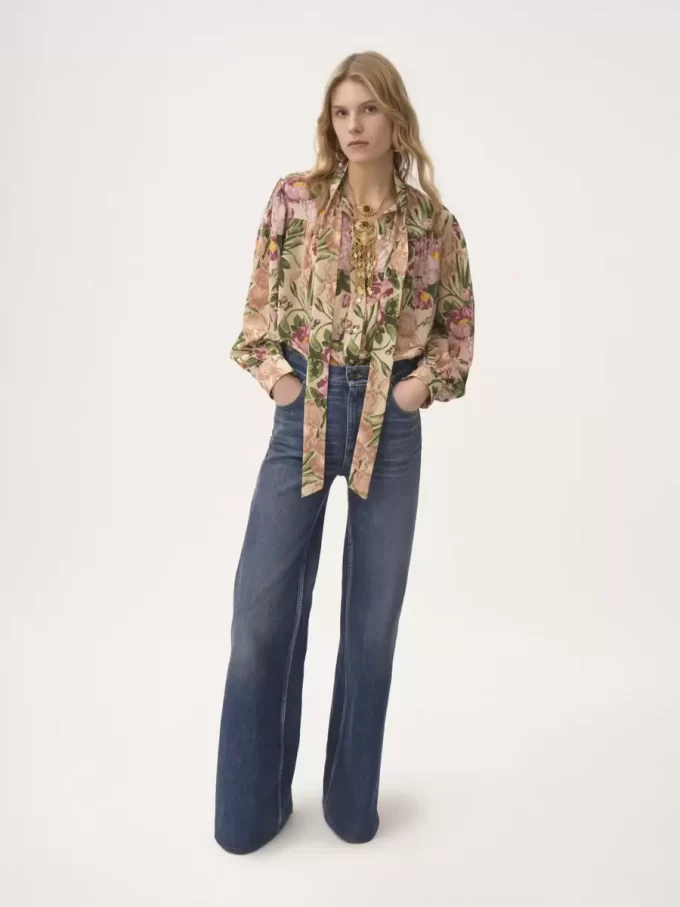 Maxi gathered lavallière blouse in crêpe de chine