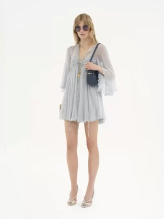 Pleated mini dress in silk mousseline