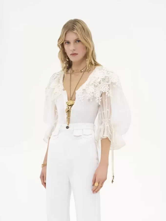 Puff-sleeve bodysuit in guipure lace cotton mix