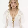 Puff-sleeve bodysuit in guipure lace cotton mix