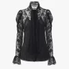 Puff-sleeve lavallière top in floral lace jacquard