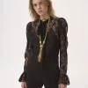 Puff-sleeve lavallière top in floral lace jacquard