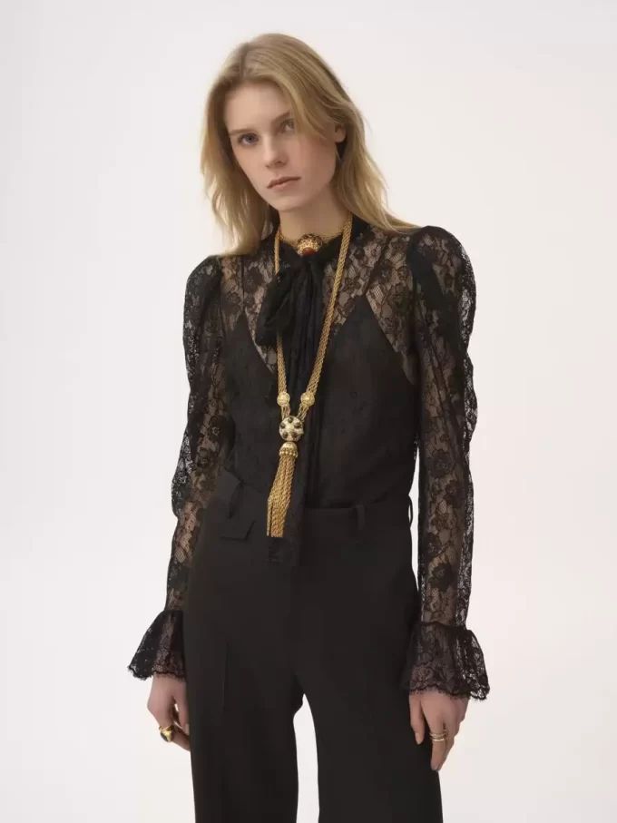 Puff-sleeve lavallière top in floral lace jacquard