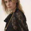 Puff-sleeve lavallière top in floral lace jacquard