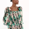Puff-sleeve long dress in silk mousseline