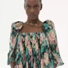Puff-sleeve long dress in silk mousseline