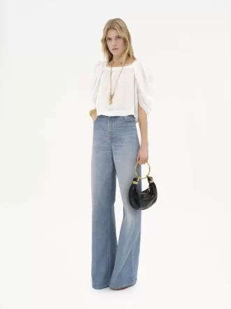 Puff-sleeve pleated top in silk poplin