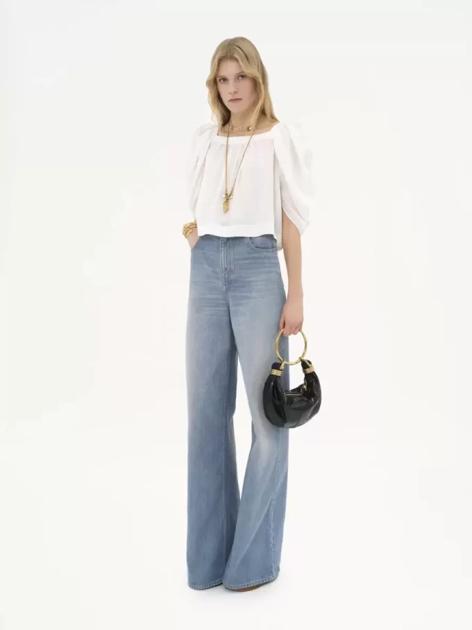 Puff-sleeve pleated top in silk poplin