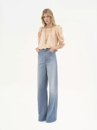 Puff-sleeve pleated top in silk poplin