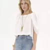 Puff-sleeve pleated top in silk poplin