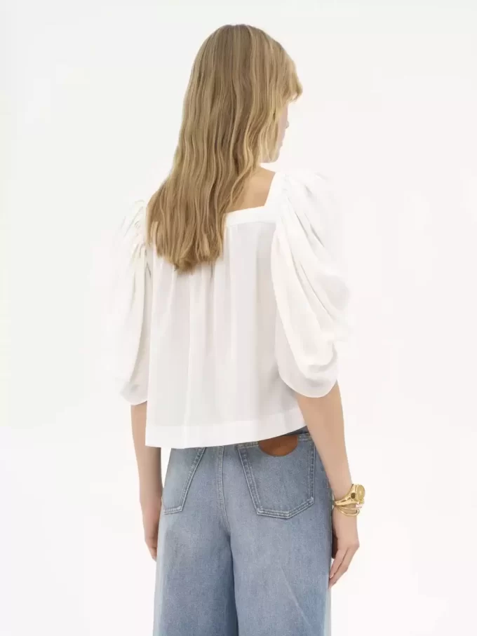 Puff-sleeve pleated top in silk poplin