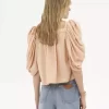 Puff-sleeve pleated top in silk poplin