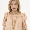 Puff-sleeve pleated top in silk poplin