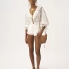 Puff-sleeve V-neck top in cotton voile