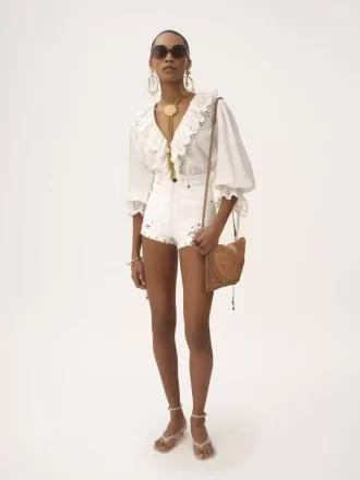 Puff-sleeve V-neck top in cotton voile