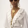 Puff-sleeve V-neck top in cotton voile