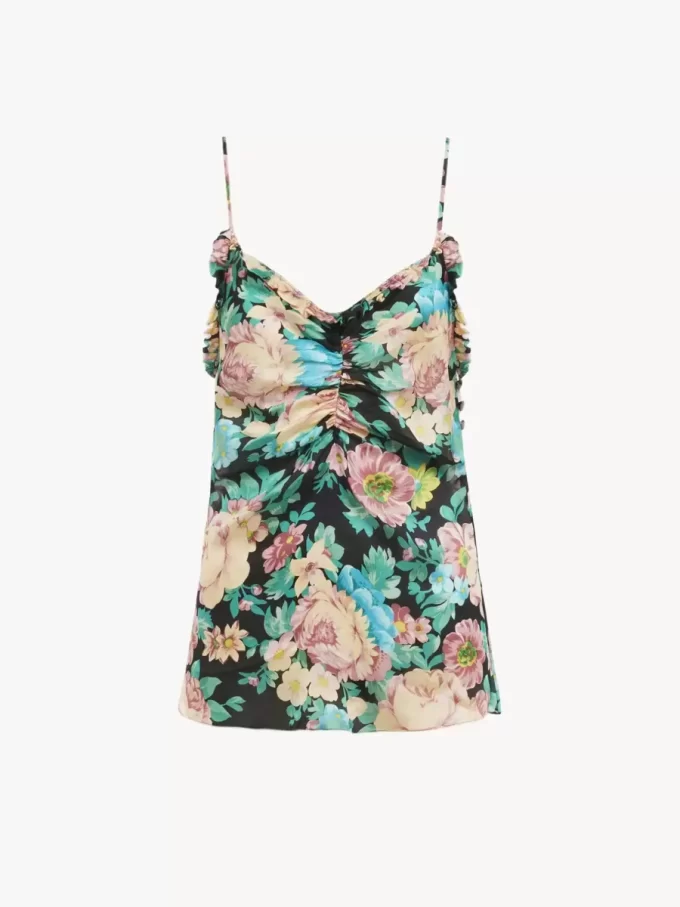 Ruched tank top in silk charmeuse