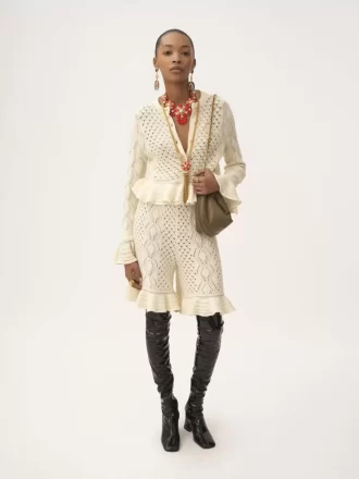 Ruffled logo cardigan in a silk, alpaca & cotton knit