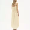 Ruffled long dress in silk habotai & lace