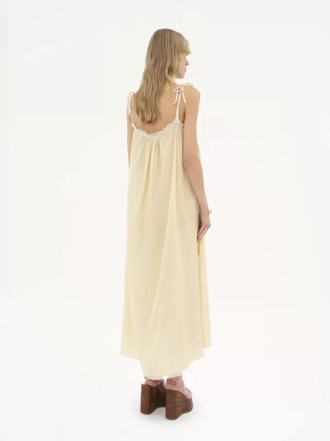Ruffled long dress in silk habotai & lace
