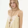 Ruffled long dress in silk habotai & lace
