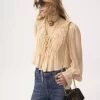 Scoop-neck cropped top in silk georgette & lace