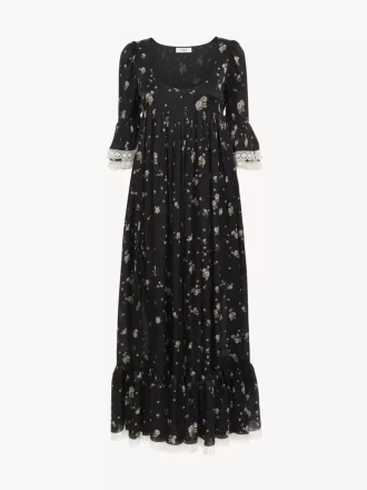 Scoop-neck midi dress in silk charmeuse & lace