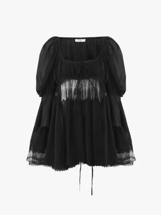 Scoop-neck puff-sleeve top in silk georgette & lace
