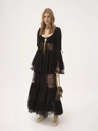 Scoop-neck puff-sleeve top in silk georgette & lace