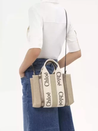 Small Woody tote bag in linen & leather