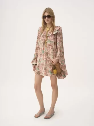 Square-neck ruffled mini dress in crêpe de chine